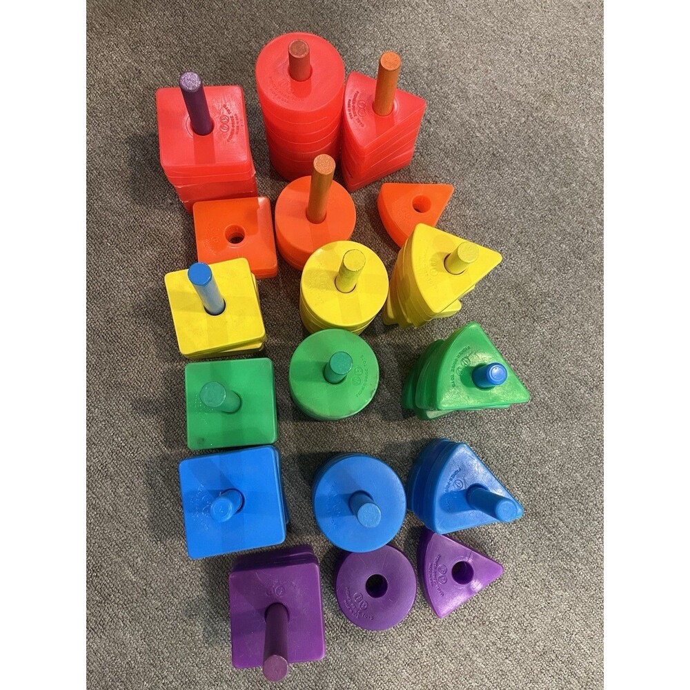 Fisher Price Lot Of 59 Stacking Colored Plastic Shapes VTG Vintage w/ Dowel Rods